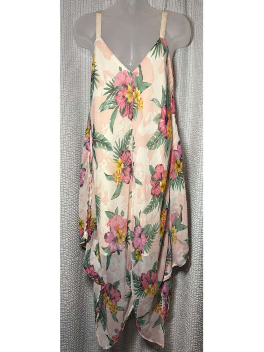 Kohinoor White Tropical Floral Scarf Dress Asymmetrical Hanky Hem Size 1X